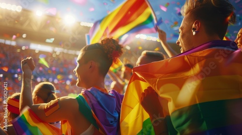 Vibrant crowd celebrating LGBTQ+ pride with rainbow flags at a lively outdoor event under the warm, colorful sunset.