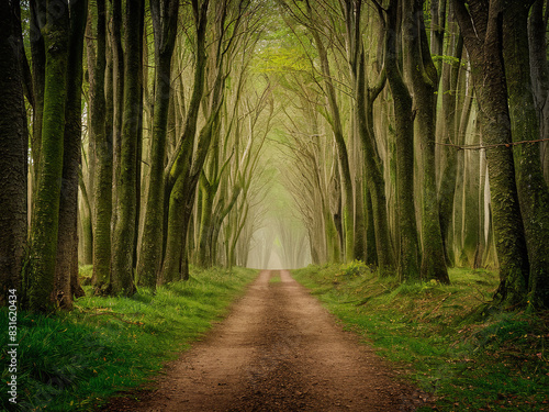 Serene dirt path lined with tall  moss-covered trees in dense forest. Path leads into misty  light-filled distance  creating peaceful and enchanting atmosphere.