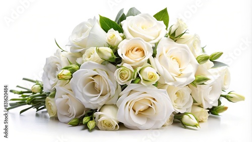 Bouquet of white roses and eustoma flowers isolated on white background for wedding decor photo