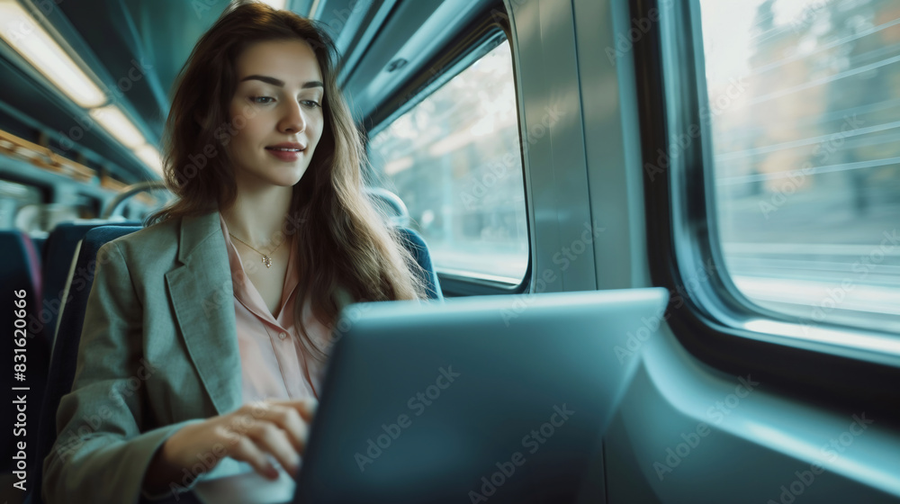 Businesswoman working on laptop on train. Businesswoman working on laptop on train.