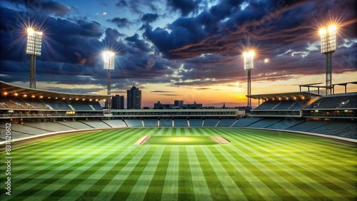 Night view of a cricket field with stadium lights on photo