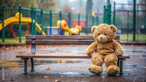 Lonely teddy bear sitting on bench in deserted playground on a rainy day, symbolizing International Missing Children Day