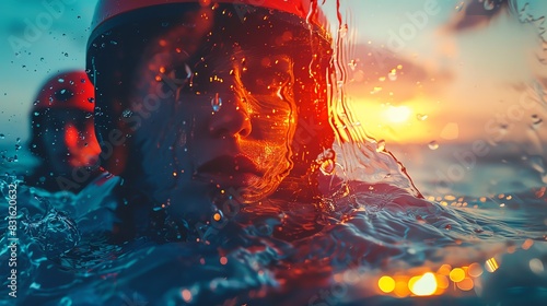 Close-up shot of a person in a helmet in the water at sunset, capturing the adventure and emotion of an outdoor aquatic activity. photo
