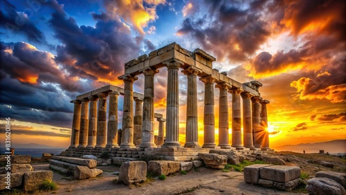 Ancient ruins of a temple standing against a dramatic sunset sky, representing the rich cultural history of the past photo