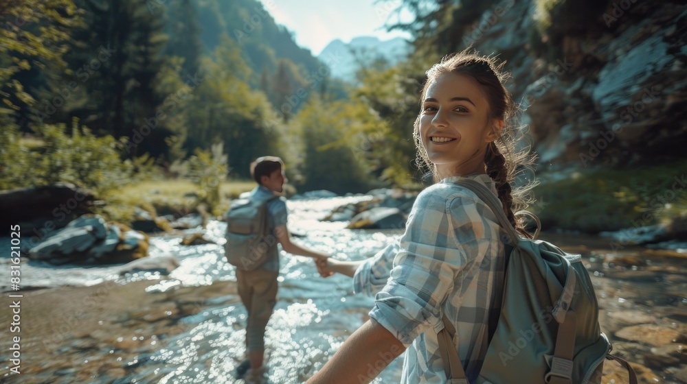 Portrait of happy young woman holding hand of her boyfriend while walking by mountain stream. Couple enjoying a hike in nature.
