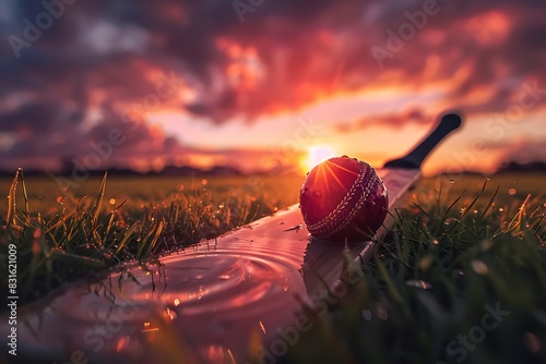 Cricket bat smashing a red ball, sending ripples through a grassy pitch under a dramatic sunset.