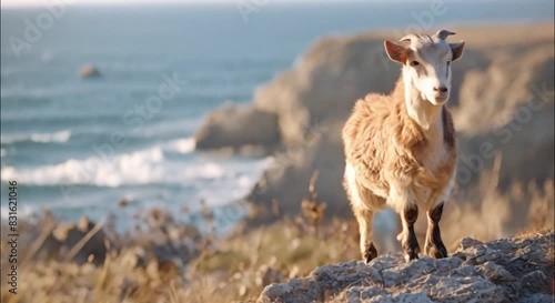 a goat standing on a rock in the background of a sea view footage photo