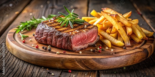 Premium cut of succulent fillet steak accompanied by a side of crispy fries, presented elegantly on a rustic wooden board photo