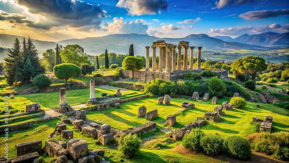 A serene landscape showcasing ancient ruins surrounded by lush greenery and clear blue skies