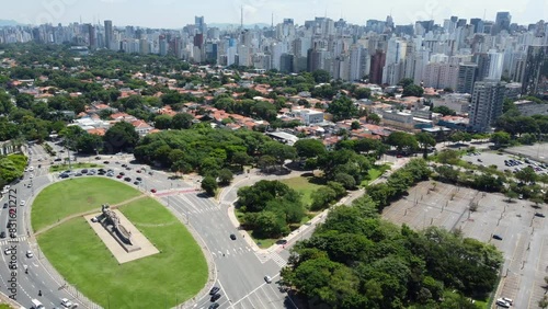 Aerial capture of the Armando de Salles Oliveira square, a busy traffic hub in Sao Paulo, Brazil. Panoramic view. photo