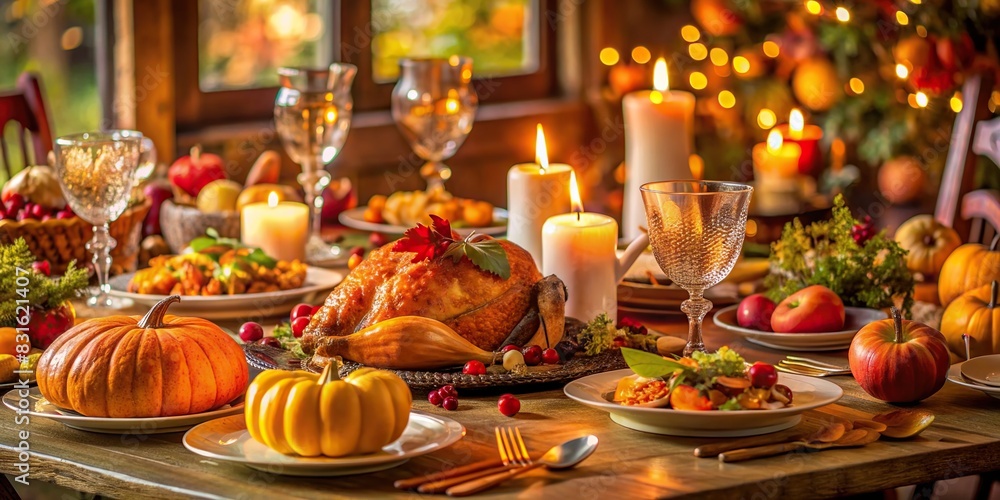 Thanksgiving dinner table beautifully set with festive decor