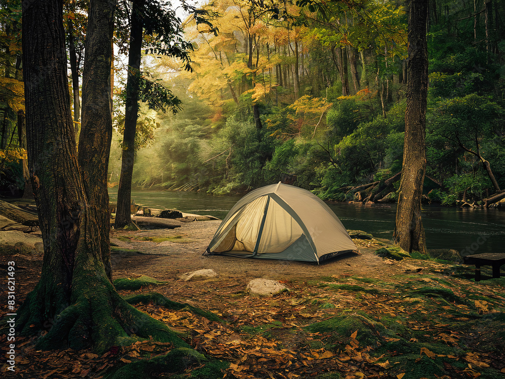 Tent set up in forested area near river, surrounded by tall trees with autumn foliage. Ground covered with moss, fallen leaves, bathed in soft natural light.