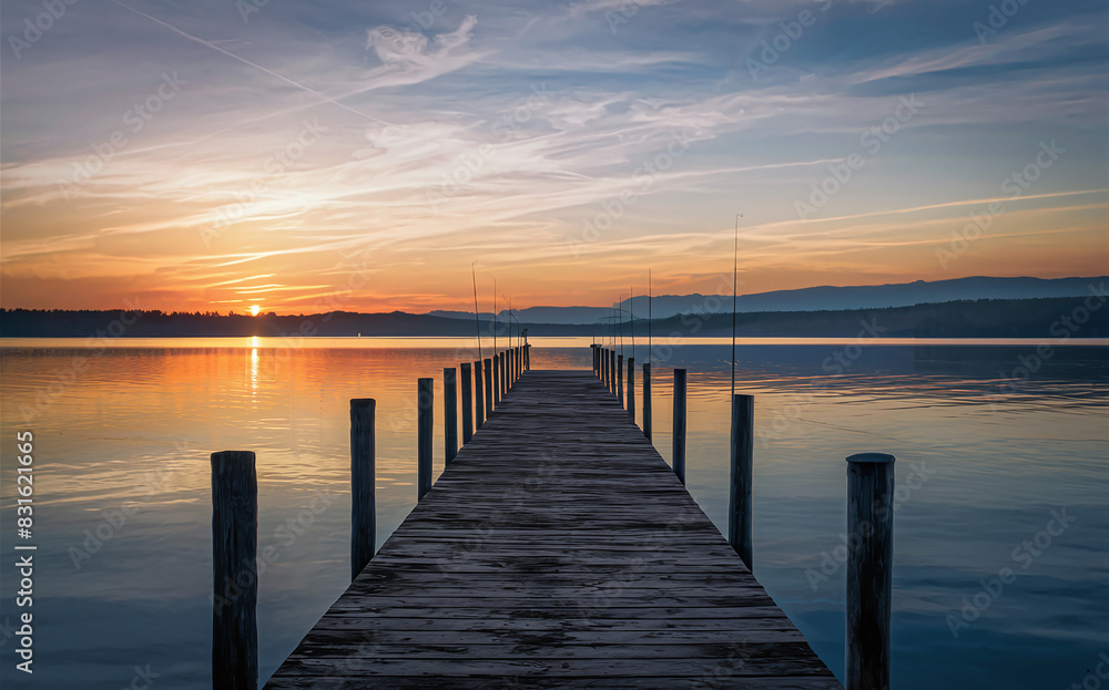 Serene sunset over calm lake with wooden pier extending into water. Warm hues of orange, pink, blue reflect on water, distant mountains.