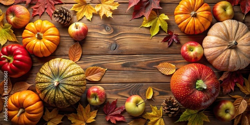 Thanksgiving background with apples, pumpkins, and fallen leaves on wooden surface