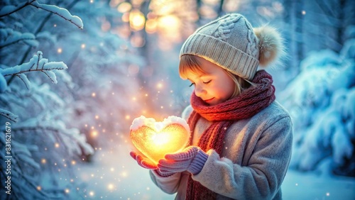 A child tenderly holding a glowing heart in a serene snowy scene photo