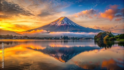 Serene morning sunrise over Mount Fuji in tranquility photo
