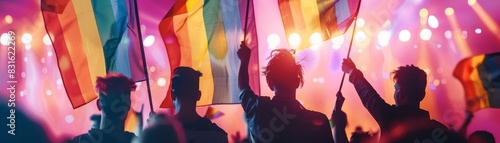 Silhouettes of people holding rainbow flags at a vibrant concert or festival, celebrating diversity and inclusion.