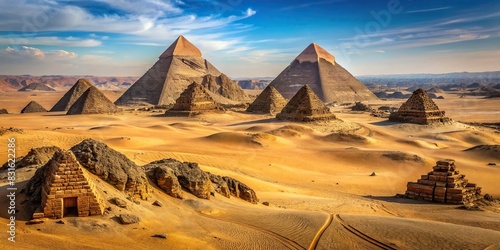 Desolate desert landscape with ancient pyramids in the background