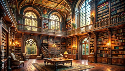 Victorian fantasy library in castle with shelves of books