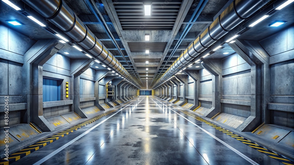 Futuristic underground hangar corridor with concrete walls and realistic rendering