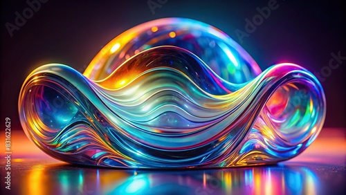Abstract light emitter glass with iridescent holographic neon vibrant gradient wave texture render photo