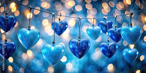 Leuchtend blaue Herzen h?ngen an einer leuchtenden Lichterkette photo