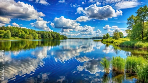Tranquil summer landscape of a pristine lake with clear blue skies and fluffy white clouds