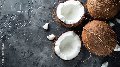 Halved coconuts on textured dark surface