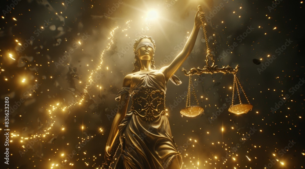 A statue of a woman holding a scale with a golden glow surrounding her, Themis or Lady Justice concept A statue of a woman holding a scale with a golden glow surrounding her, Themis or Lady Justice concept