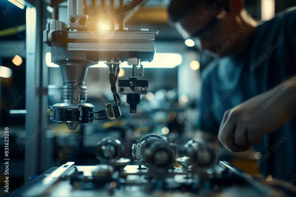 A closeup of an engineer working on a smart machine, with a factory setting in the background, showcasing advanced robotics and automation A closeup of an engineer working on a smart machine, with a factory setting in the background, showcasing advanced robotics and automation