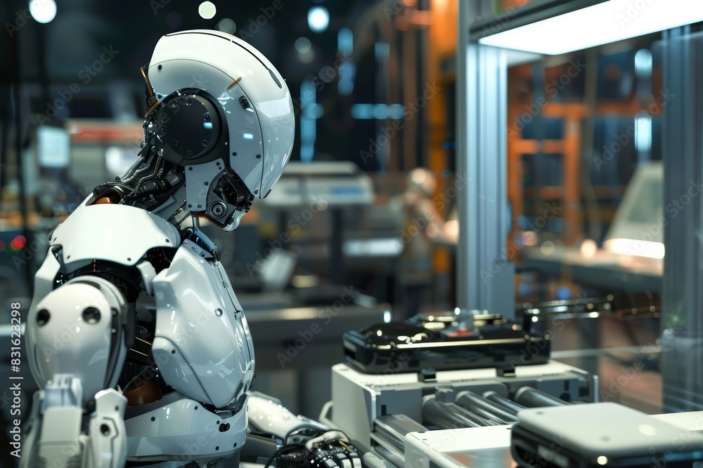 A closeup of an engineer working on a smart machine, with a factory setting in the background, showcasing advanced robotics and automation A closeup of an engineer working on a smart machine, with a factory setting in the background, showcasing advanced robotics and automation