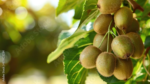Cluster of kiwifruits hanging on vine with leaves in natural setting