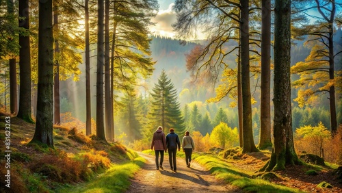 Scenic forest landscape with three figures walking in the distance photo