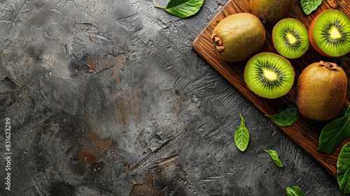 Wooden board with whole and sliced kiwis on textured surface photo