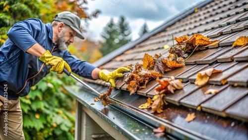 A worker cleaning clogged roof gutters during a rainy day photo