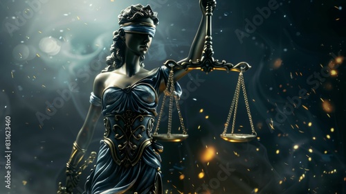 A woman in a blue robe with a blindfold on her head stands in front of a scale, Themis or Lady Justice concept