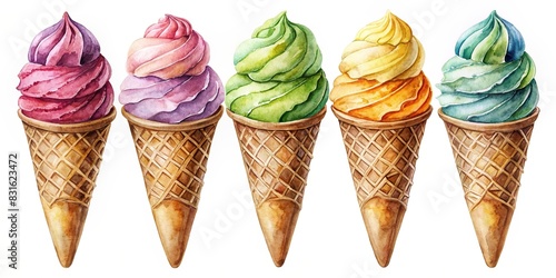 Gelato ice cream cones in watercolor style on a plain white background photo