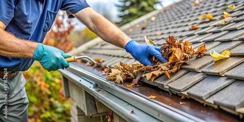 Maintenance worker removing dirt and leaves from a clogged roof gutter photo