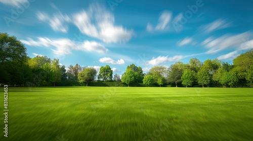 Beautiful spring nature background image with a neatly trimmed lawn surrounded by trees against a blue sky with clouds on a sunny day - Generative ai © FDStock