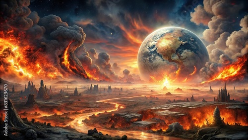 Apocalyptic landscape of a devastated Earth with flames and destruction photo