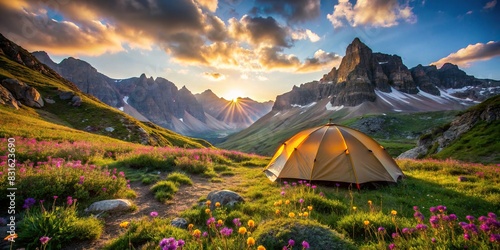 A scenic shot of a tent pitched on a grassy mountainside, surrounded by rugged peaks and vibrant wildflowers photo