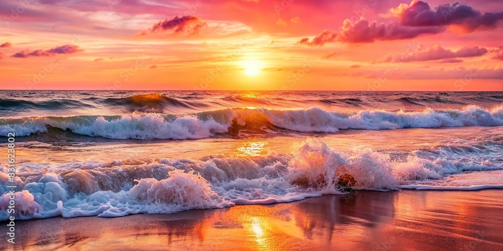Sunset pink ocean with sparkling foamy waves reflecting the warm glow of the setting sun, featuring an organic and smooth style