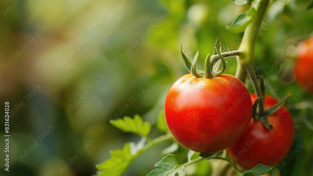 Obraz premium Fresh, ripe tomato on vine in garden setting