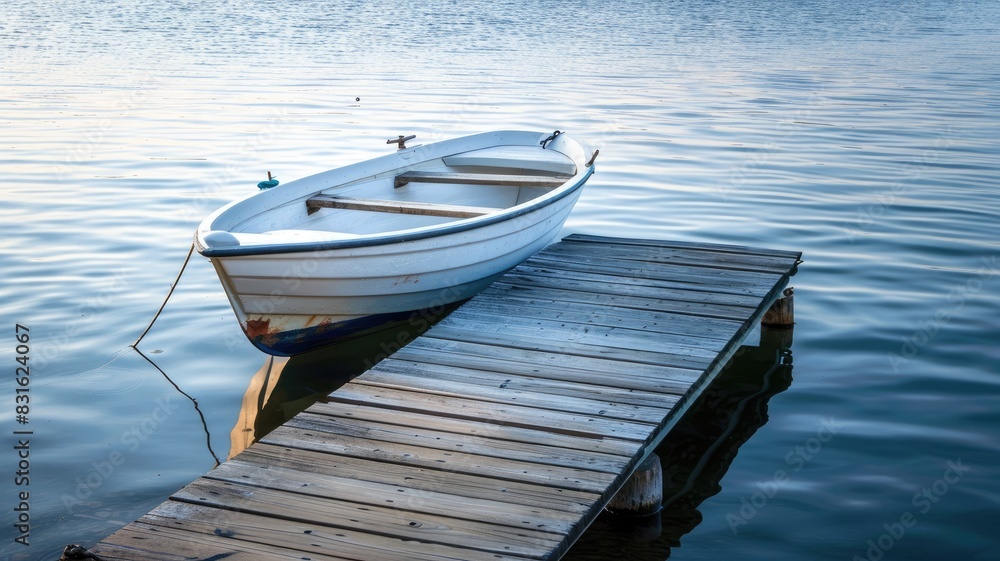 Wooden boat tied to dock on calm lake water