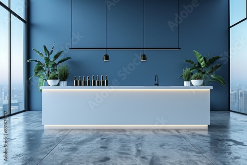 Modern kitchen interior with sleek design  featuring a blue color scheme  minimalist decor  and state of the art appliances