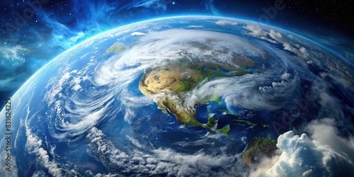 Planet earth viewed from space with large blue oceans and swirls of white clouds photo