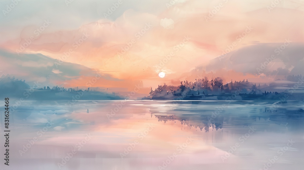Fototapeta premium A serene landscape with pastel hues, reflecting water under a warm sunset