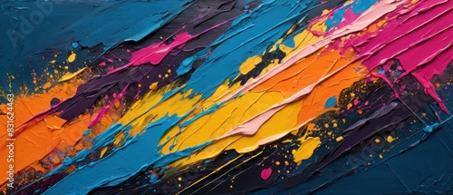 Abstract art with bold  textured colors vibrant pinks  yellows  oranges  blues  and dark tones.