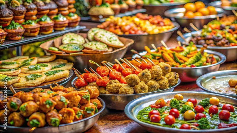 Close-up of an assortment of street food options for a festive event
