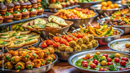 Close-up of an assortment of street food options for a festive event
